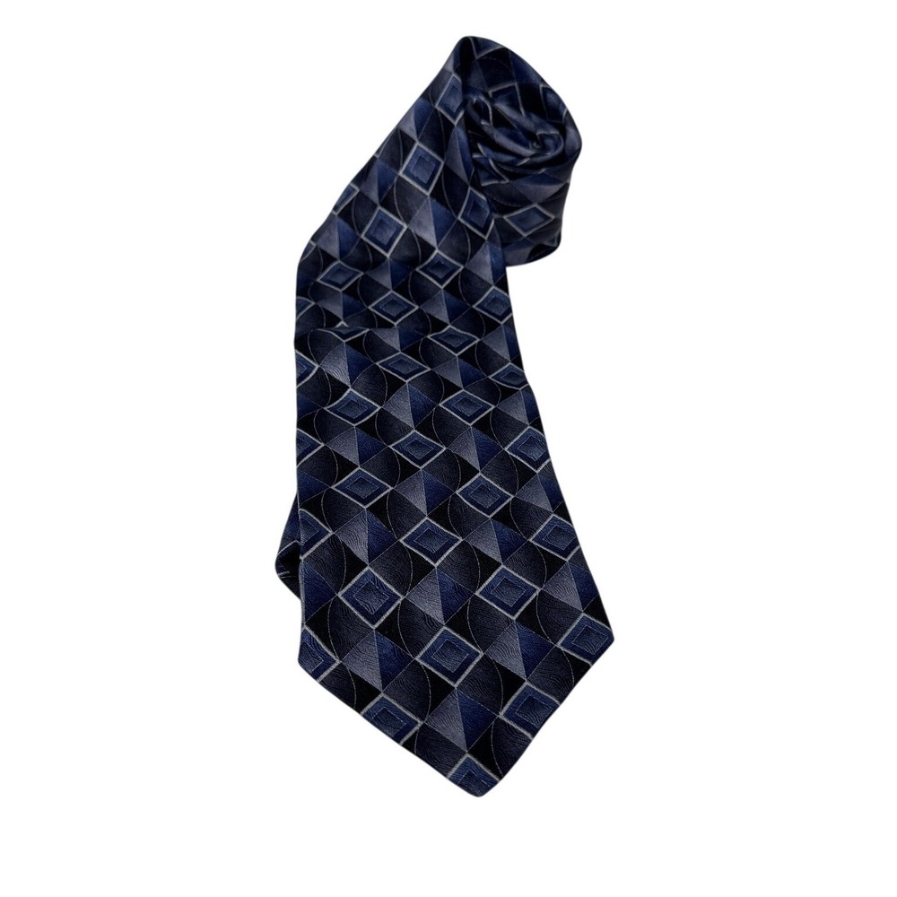 Pronto Uomo Mens Silk‎ Tie Blue Grey Geometric Diamond Pattern Made in Italy